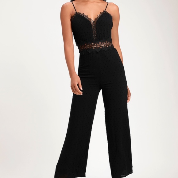 Lulus Pants - Leeta Black Swiss Dot Lace Wide-Leg Jumpsuit, Size Medium